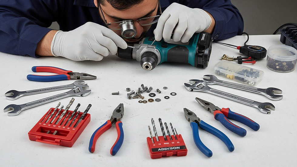 Close-up view of a technician inspecting a power tool