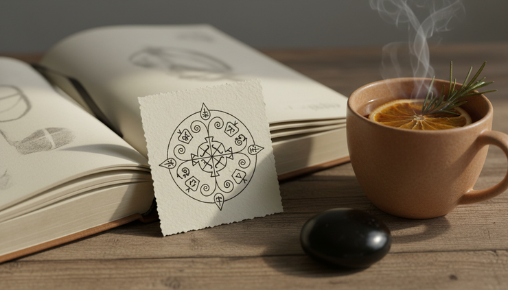 Close-up view of a finished sigil card resting beside a journal and a cup of tea
