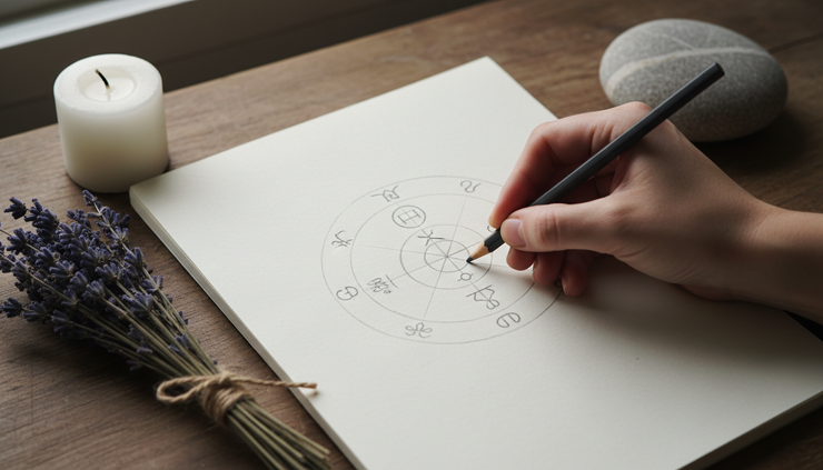 Close-up view of a hand drawing a simple sigil in a notebook beside a small candle