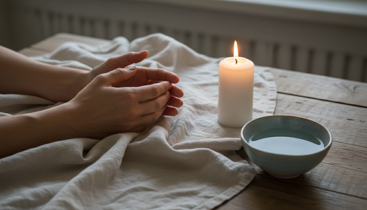Close-up of hands resting beside a lit candle and a bowl of water on a simple cloth.