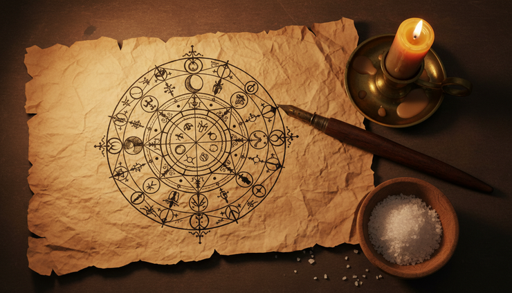 Overhead view of old parchment, ink, and a circular hand-drawn ceremonial symbol