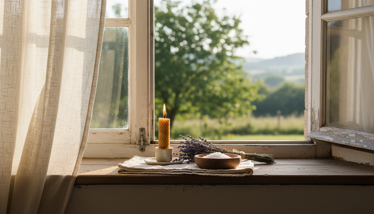Wide-angle view of a quiet altar with a candle, herbs, and a folded cloth near an open window