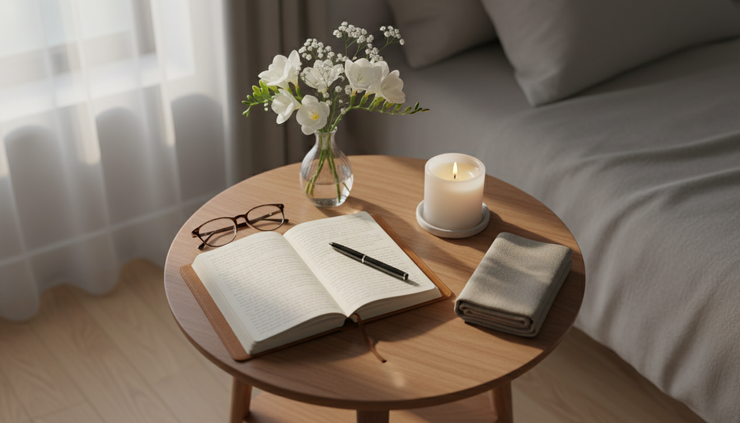 Overhead view of a freshly cleaned bedside table with flowers and a lit candle.