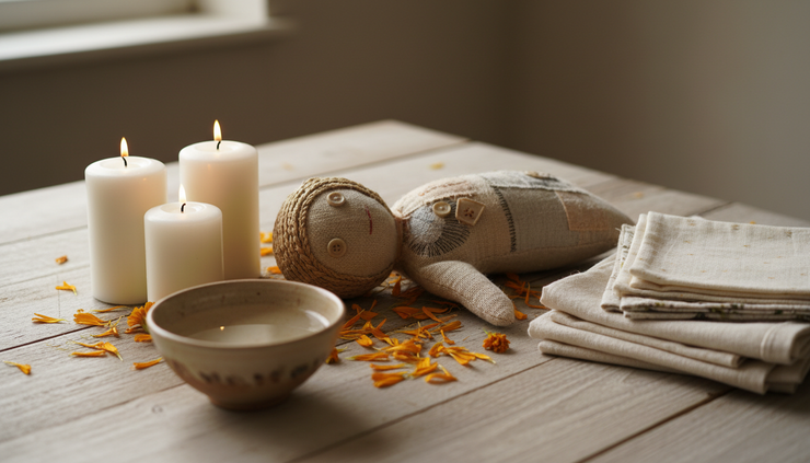 Eye-level view of a handmade cloth figure resting beside candles and flowers.