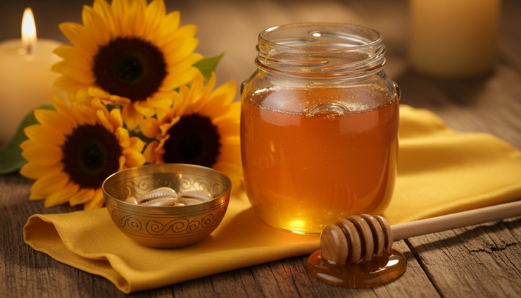 Close-up view of a glass jar of honey beside fresh sunflowers and a small gold bowl.