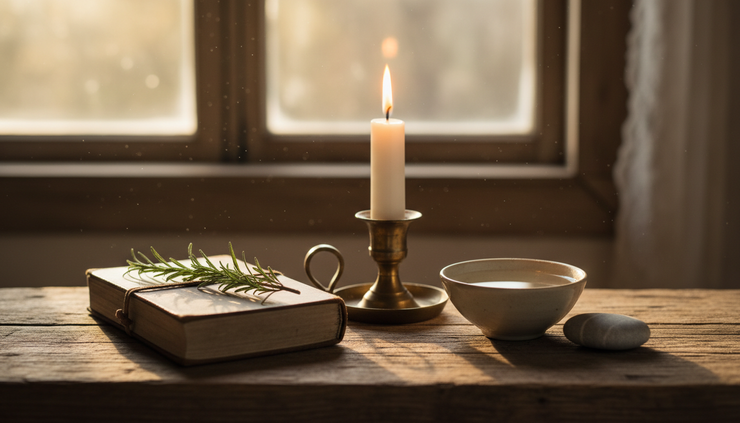 Eye-level view of a white candle beside a journal and dried herbs on a wooden altar