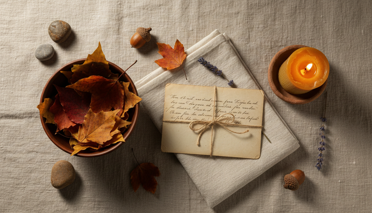 Overhead view of a small bowl holding fallen leaves beside a folded letter.