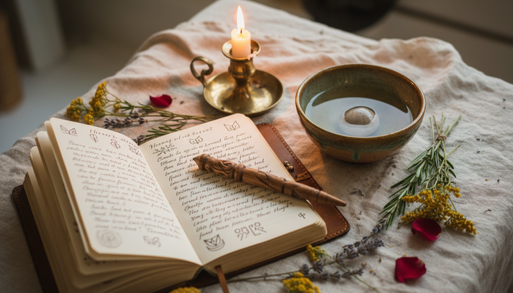 Overhead view of a journal with ritual objects arranged around it