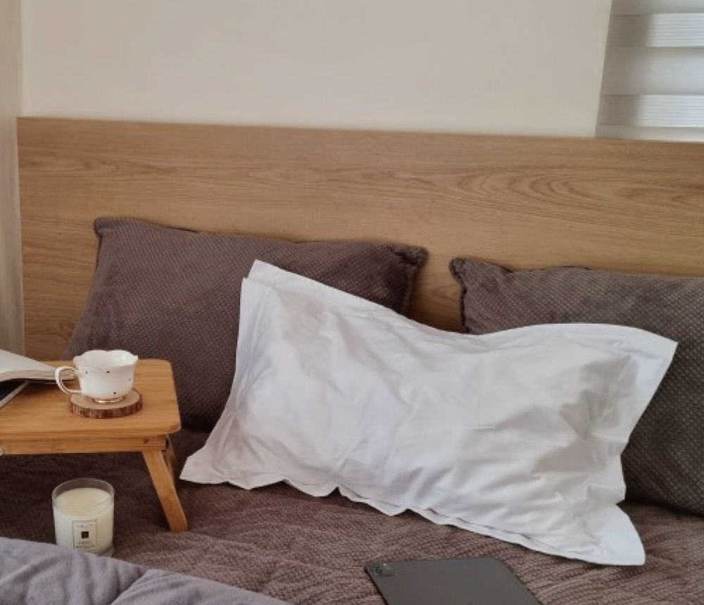 Pillow placed in a cozy bedroom setting.