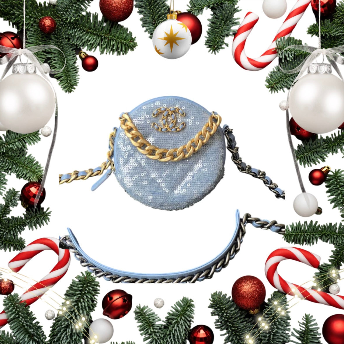 Chanel 19Bag Sequins Round Clutch With Chain in Light Blue