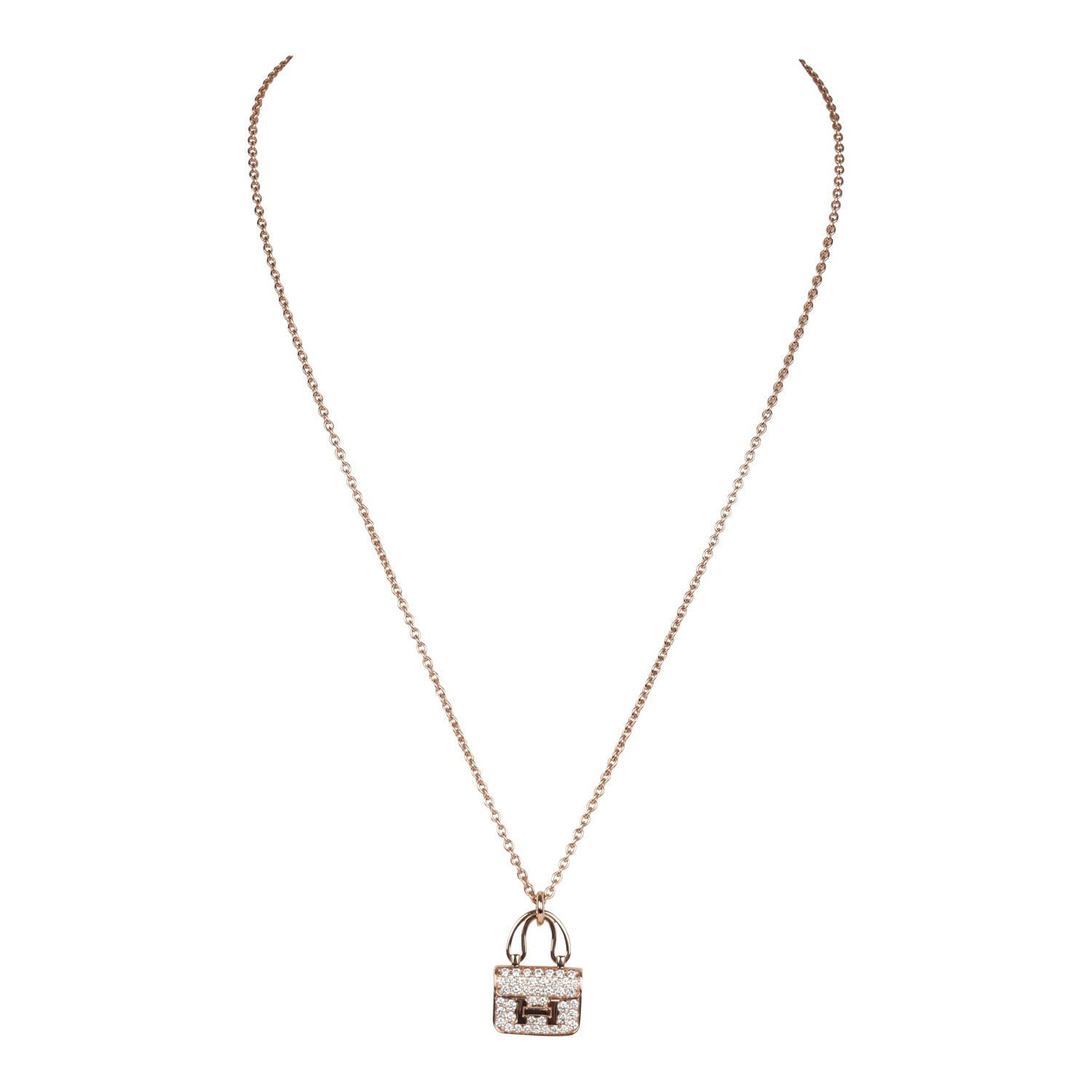 Hermes Amulettes Constance Pendant Necklace Diamonds 18K Rose Gold Hardware