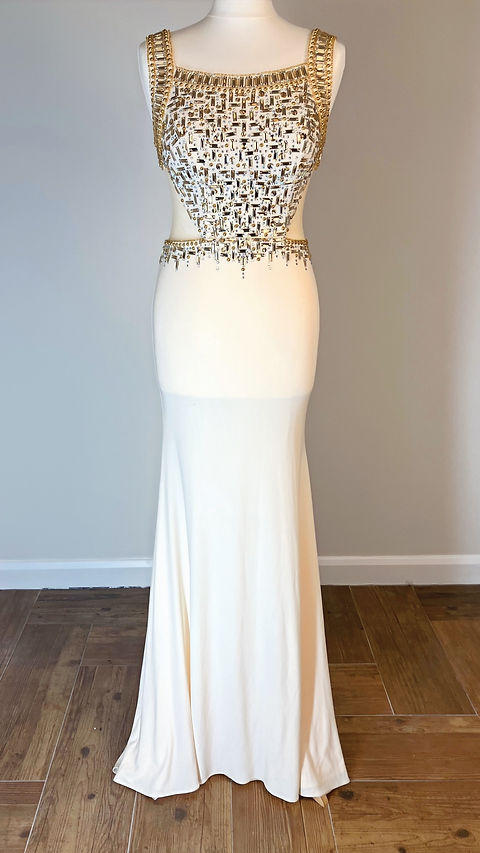 Jean's Sparkles | Hire Today: White And Gold Side Cut Out Dress With Rhinestone Bodice. | Prom | Debs | Pageant Jean's Sparkles | Hire Today: White And Gold Side Cut Out Dress With Rhinestone Bodice. | Prom | Debs | Pageant