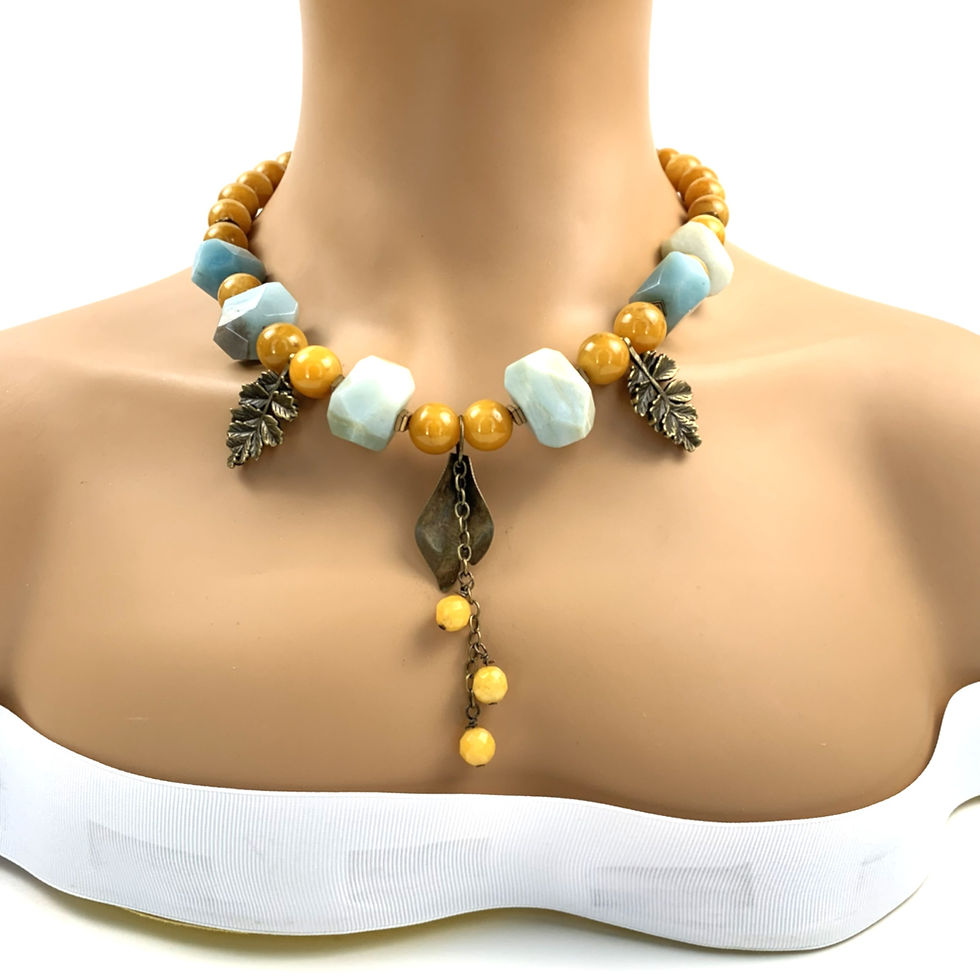Thumbnail: Handcrafted women's necklace with amber beads, blue stones, and bronze leaves