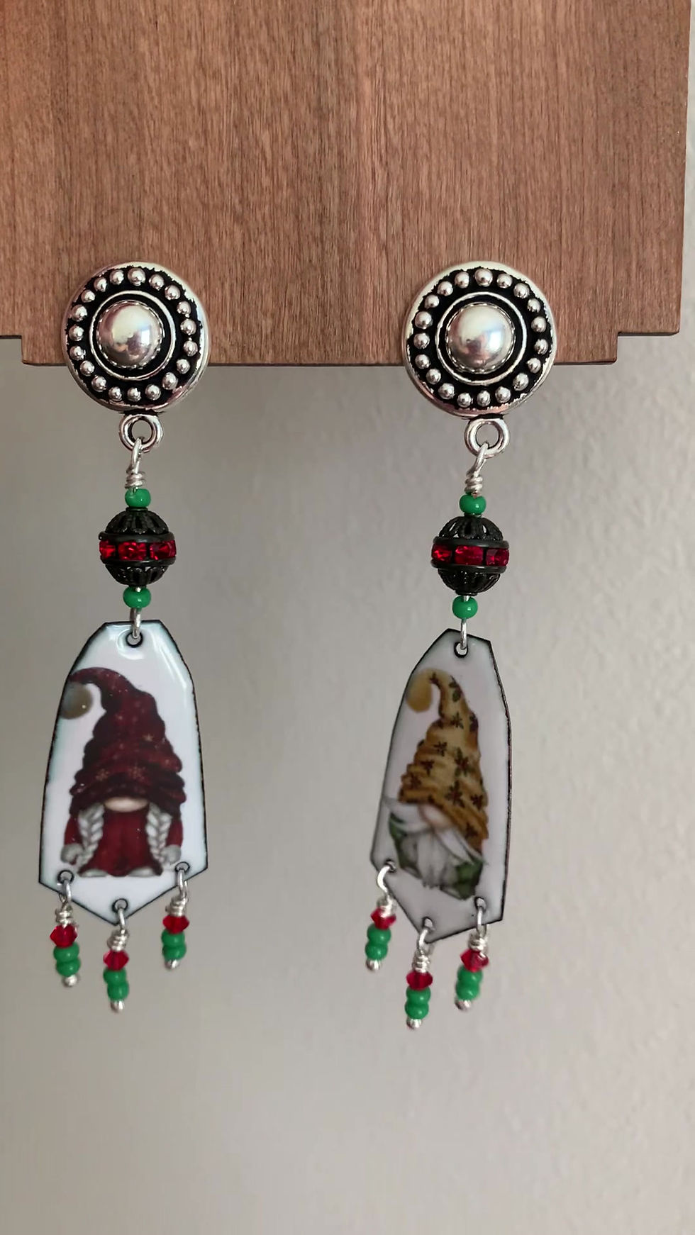 Thumbnail: A video of handmade Christmas gnome dangle earrings - clip on style