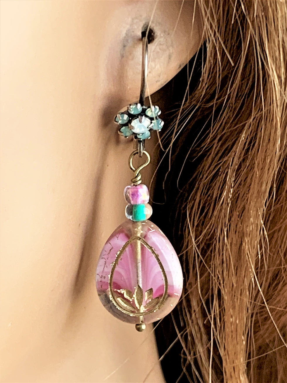 Elegant Handcrafted Floral Czech Glass Pink Earrings with Rhinestone Leverback