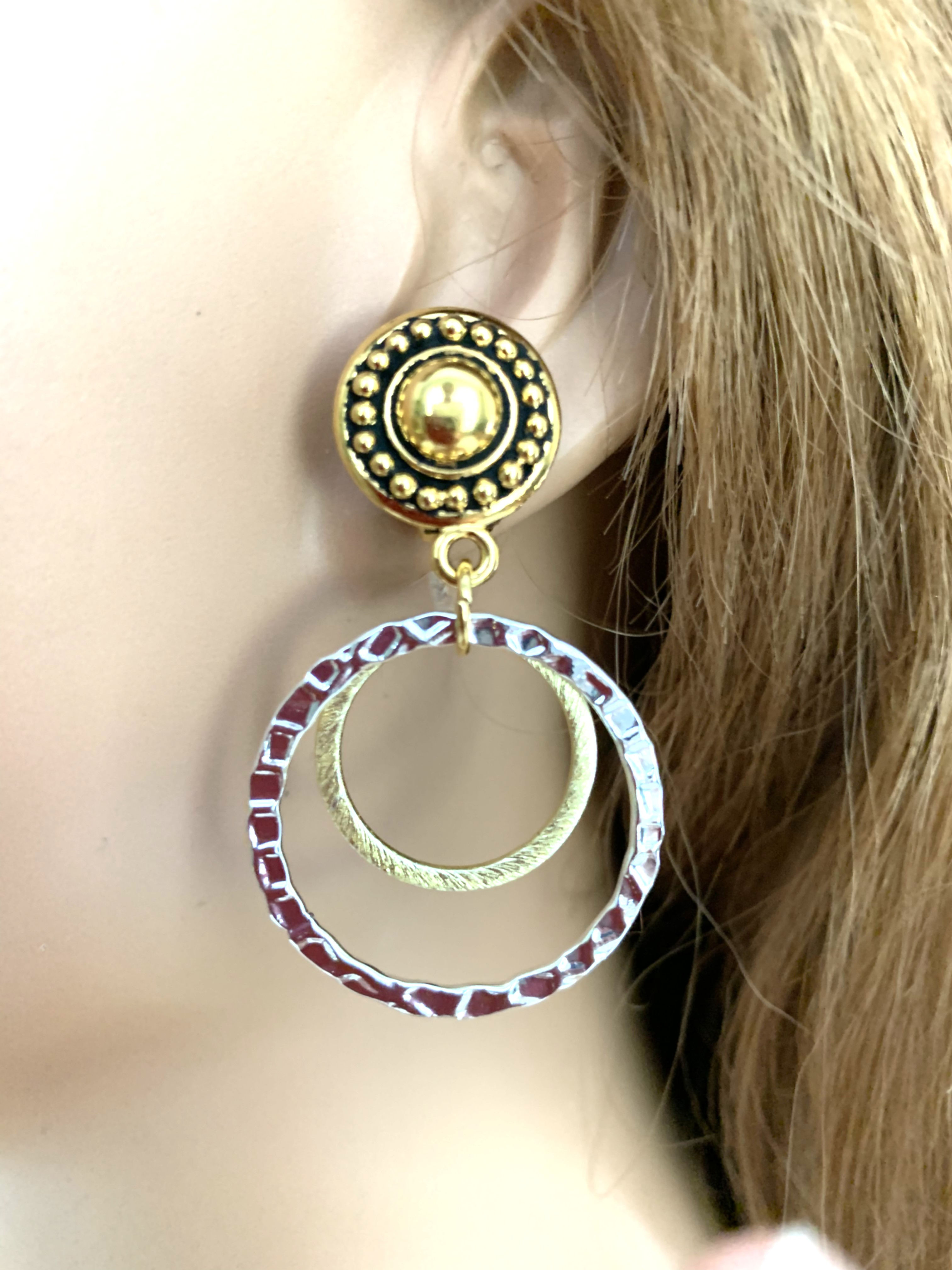 Handcrafted Gold & Silver Hoop Clip-on Earrings: Beaded Dangle Hoops