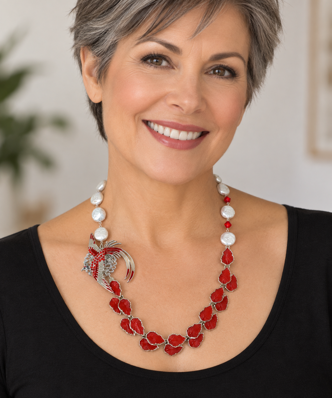 AI image of red statement necklace on a female model with short hair.