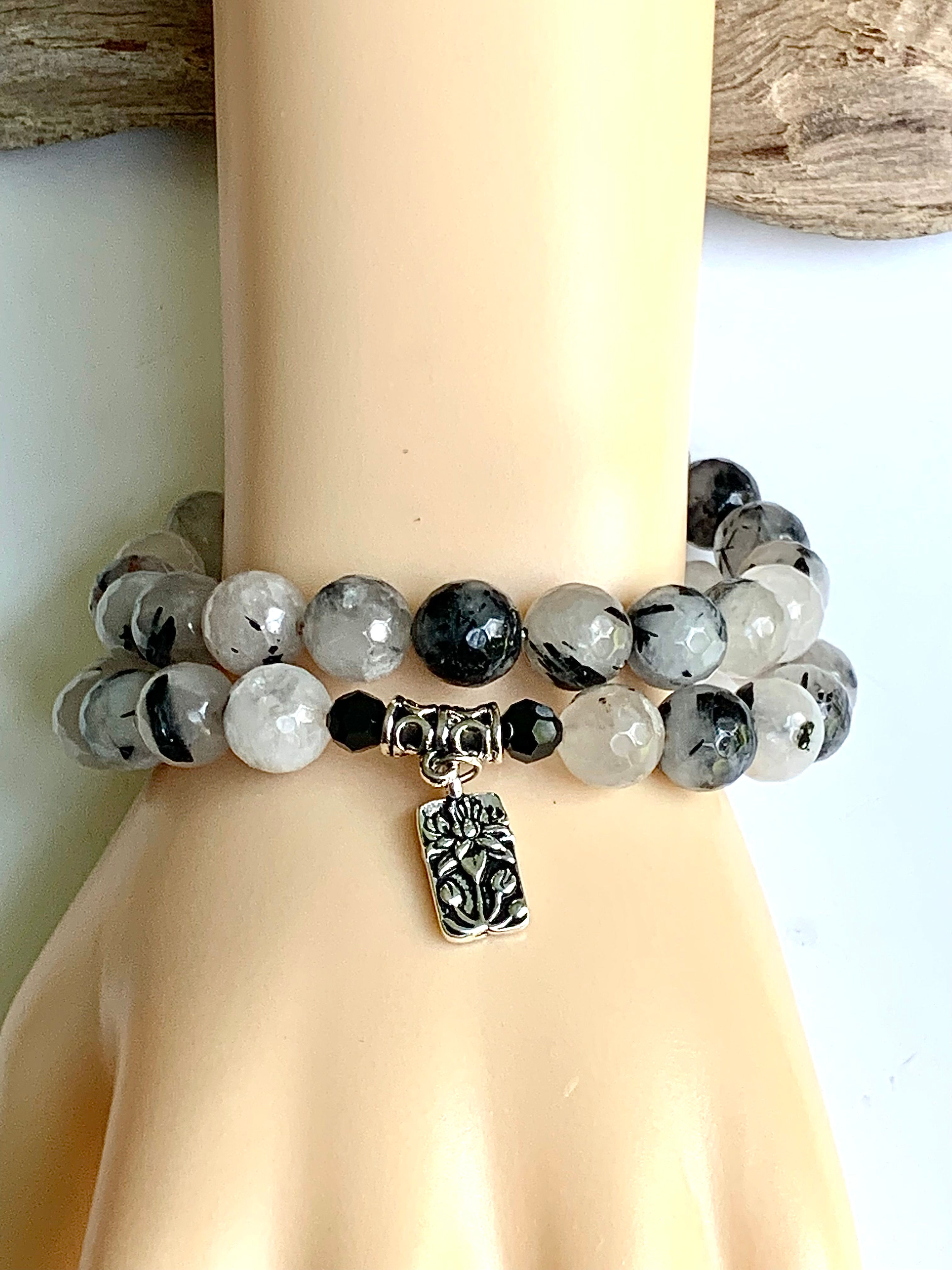 Stylish Gemstone Stacked Bracelet Set for Women with Silver Floral Charm