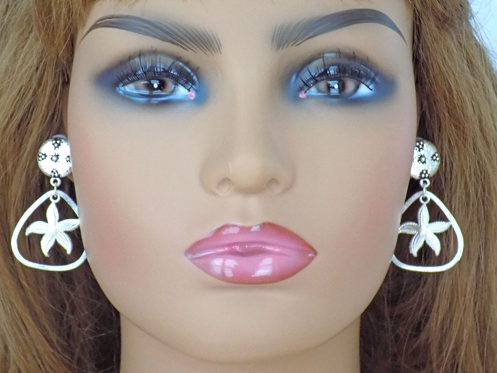 Thumbnail: Mannequin face with blue eyeshadow, pink lips, and silver flower earrings