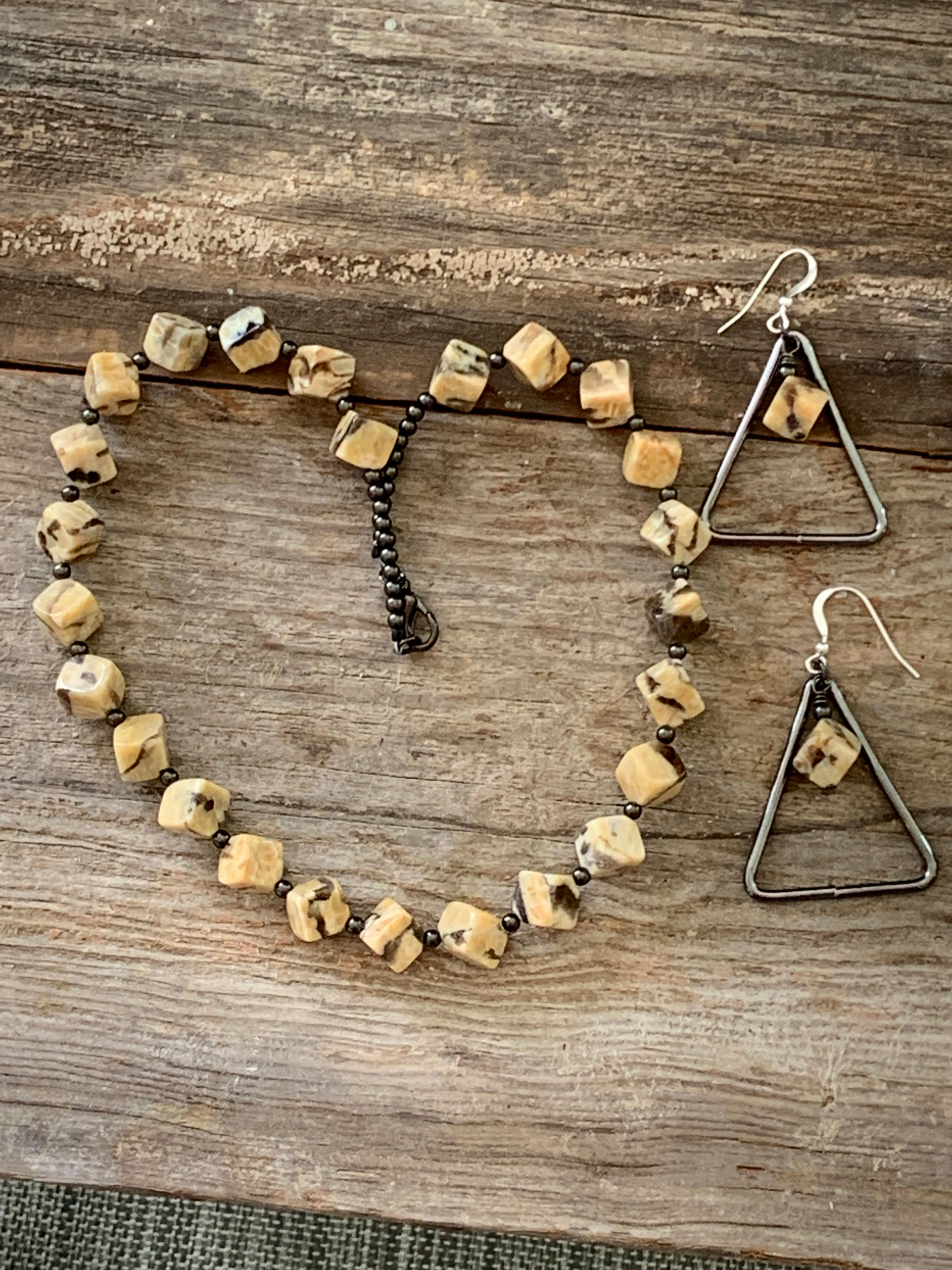 Handcrafted Zebradorite Jewelry Set: Brown Gemstone Necklace and Silver Earrings