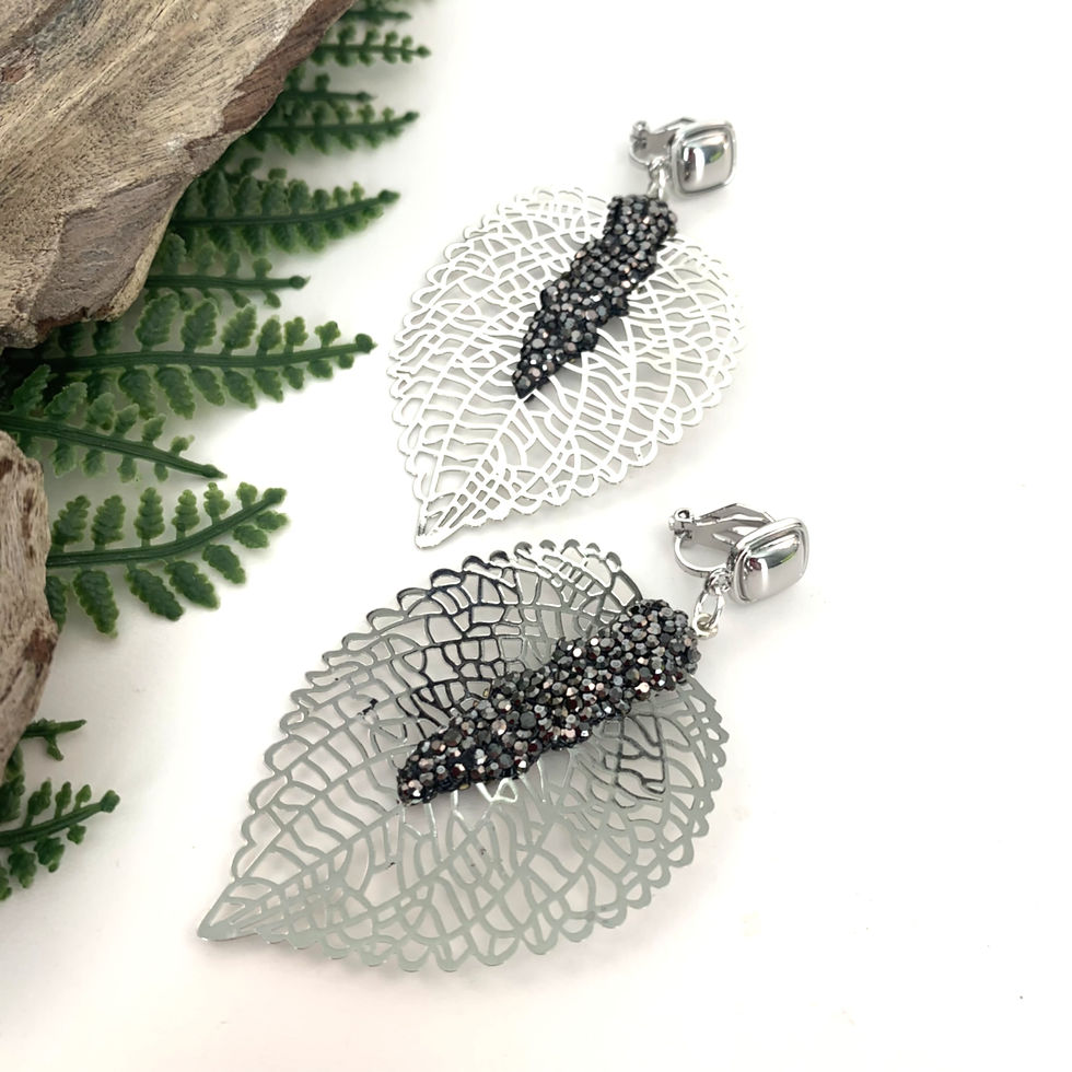 silver leaf clip on earrings with black crystal