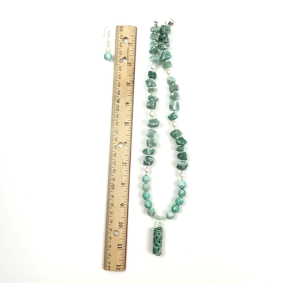Thumbnail: Green beaded necklace and earring with ruler for scale