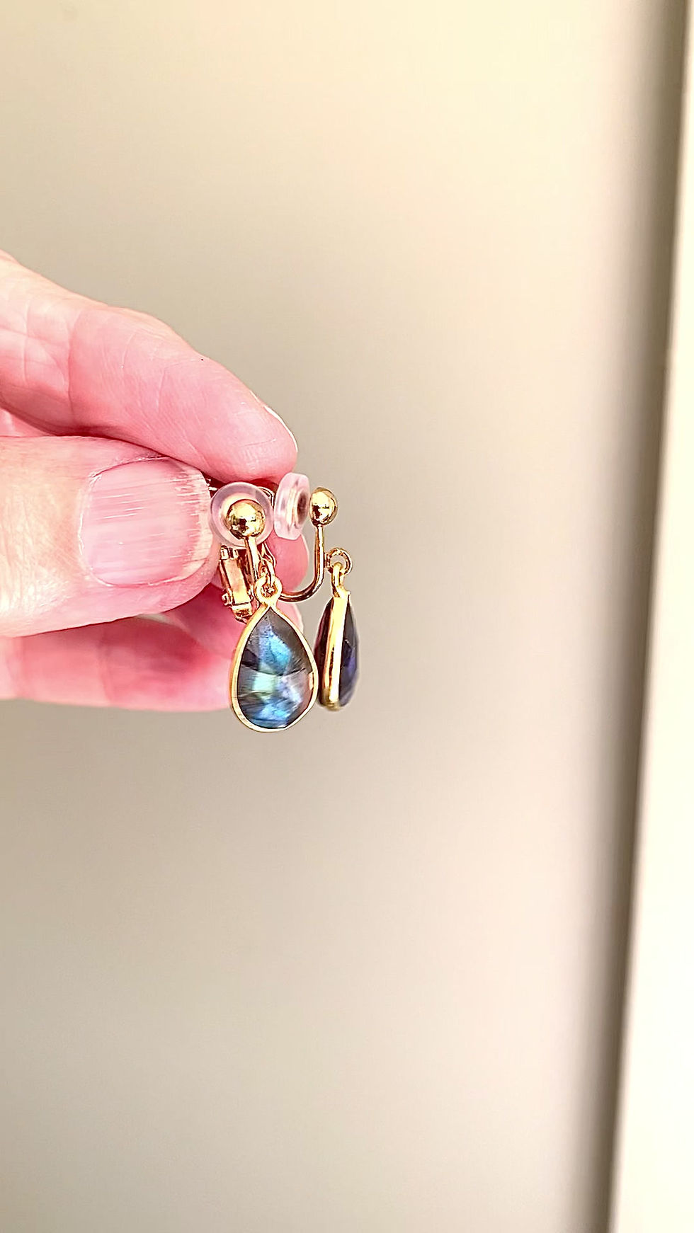 Thumbnail: A video of small teardrop shaped Labradorite clip-on earrings - teardrop shape