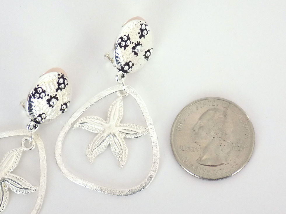 Thumbnail: Silver starfish drop earrings, patterned top, quarter for scale.
