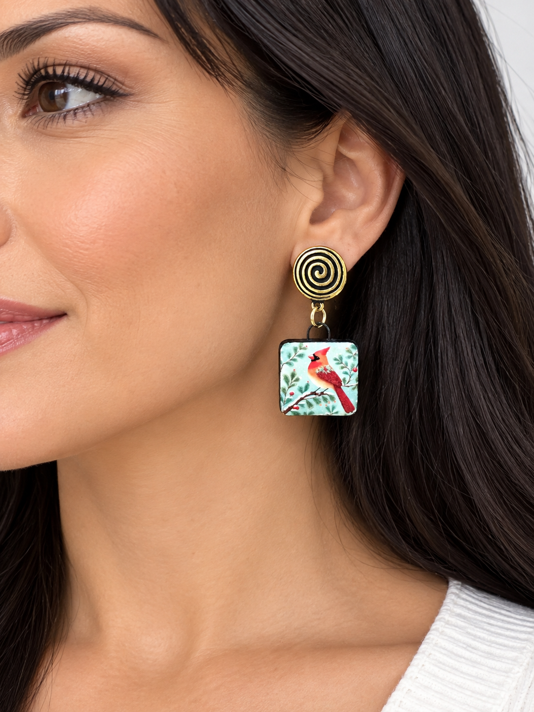 Handmade red cardinal bird clip-on earrings for women with colorful square bird charms and gold-tone spiral clips.