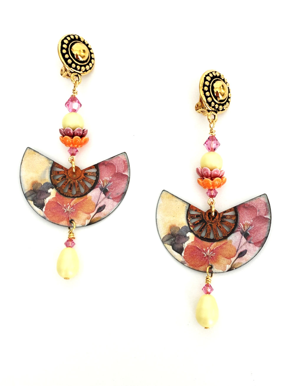 Image of two extra-long pink, orange and yellow copper enamel earrings
