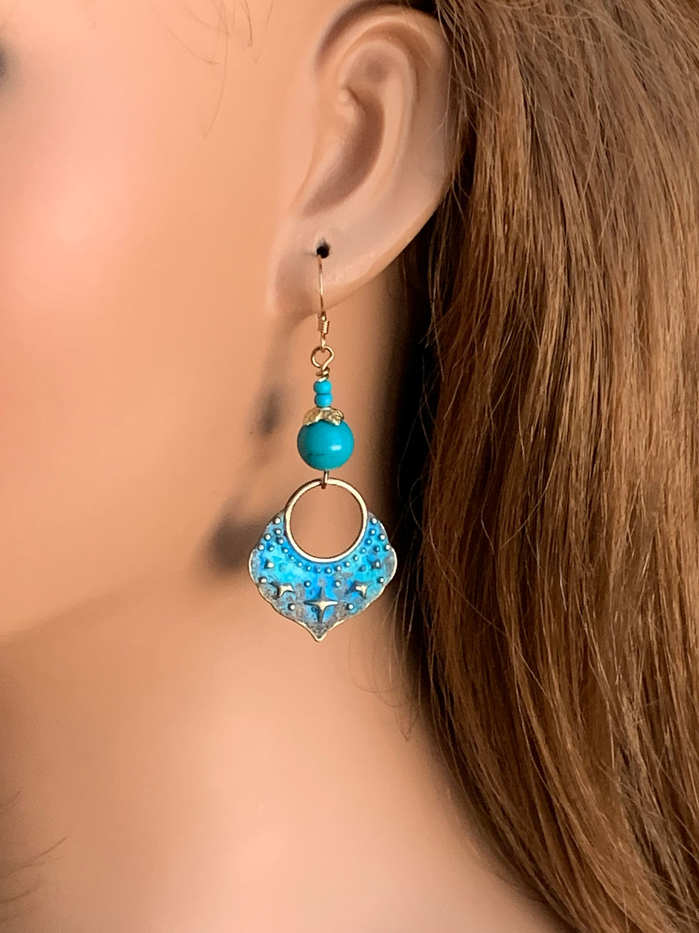 HandcraftedTurquoise Blue Boho Long Dangle Earrings with Gold Filled Wires Women