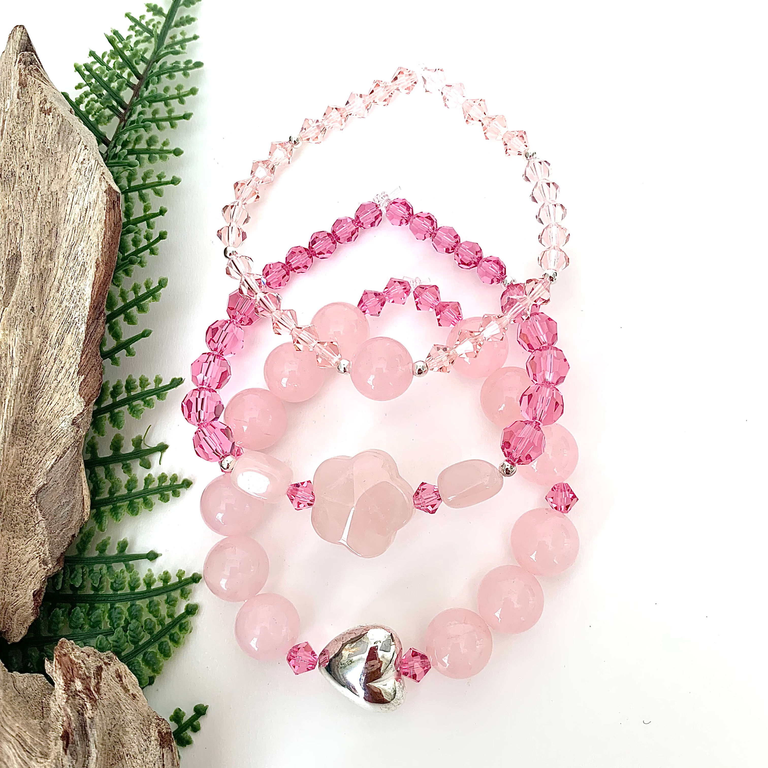Reserved for J. Wright, Handcrafted Pink Quartz and Crystal Bracelet Set