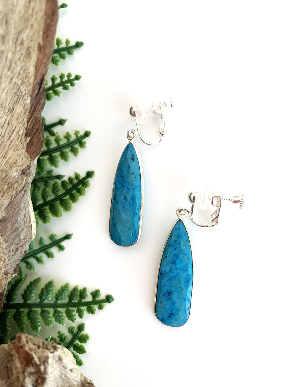 Thumbnail: Turquoise dangle earrings with silver hooks and fern leaves