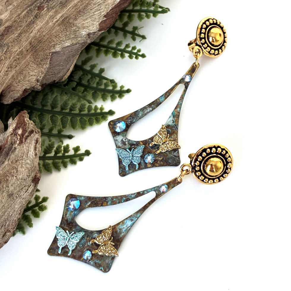 3-inch boho verdigris patina brass open teardrop clip-on dangle earrings featuring gold and light blue butterfly charms with