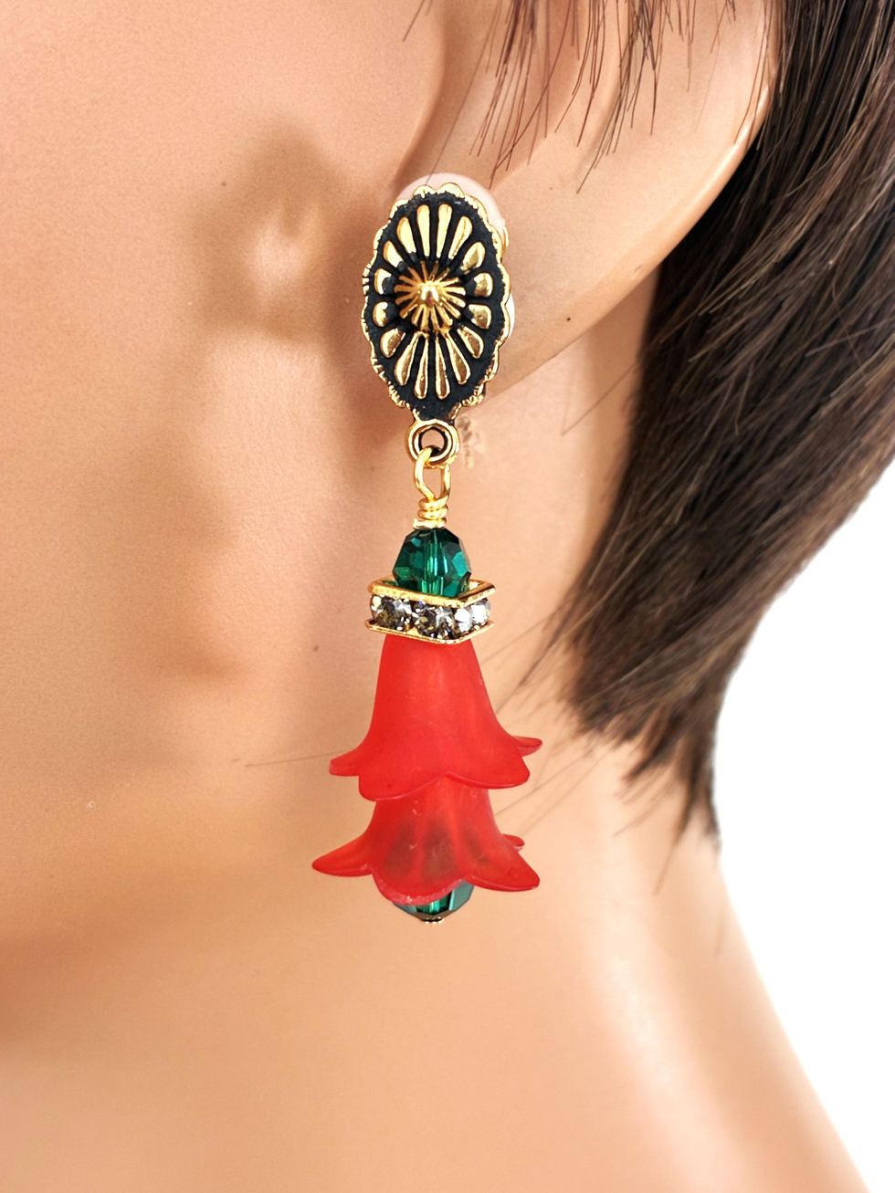 Handmade red flower clip-on earrings for women with green crystals, rhinestone accents and black and gold-tone clips by Blond