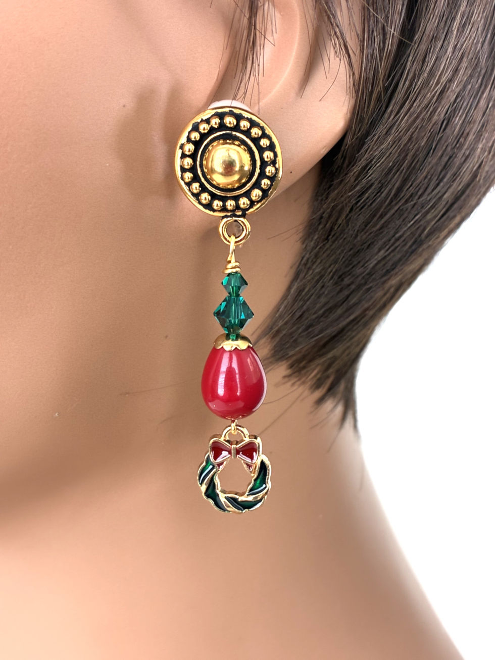 Handmade Christmas wreath clip-on earrings for women with red and green enameled metal, glass beads, crystals and gold-tone c