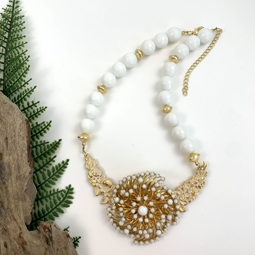 Thumbnail: Handcrafted women's jewelry set necklace with white beads, gold floral pendant