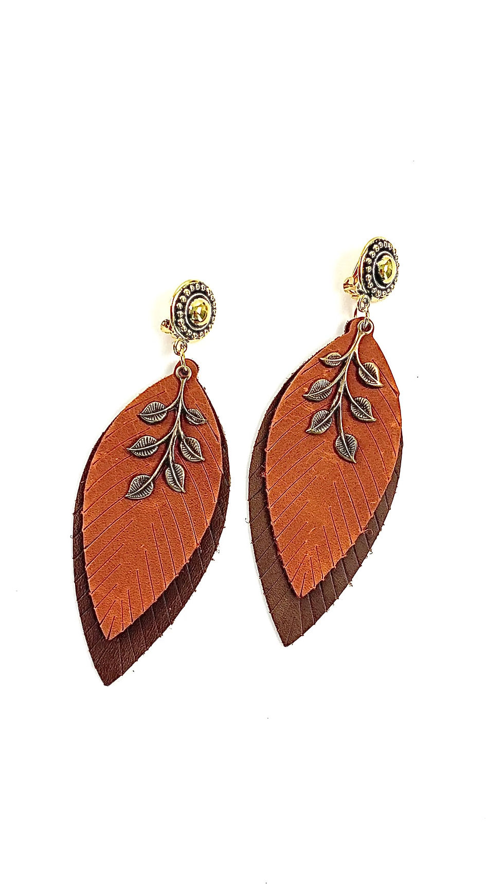 Thumbnail: A video of a pair of leather leaf clip-on earrings in shades of brown