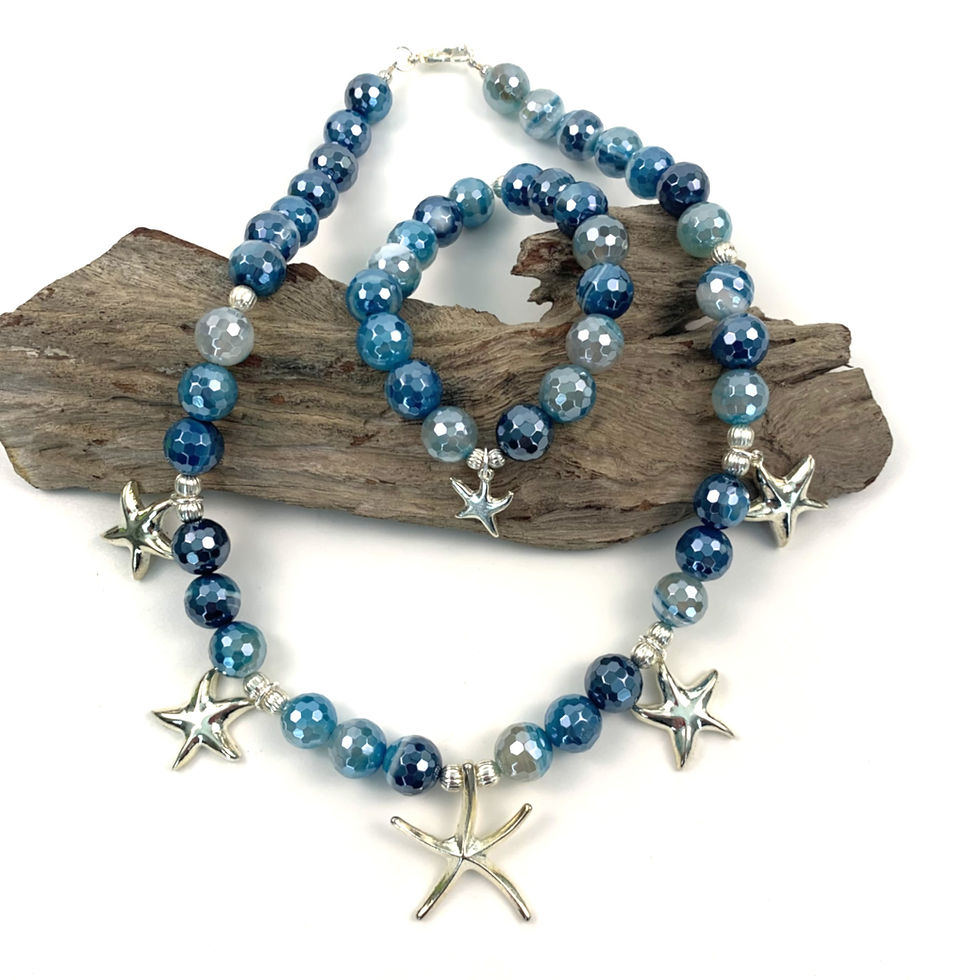 A blue beaded starfish necklace and earring set.