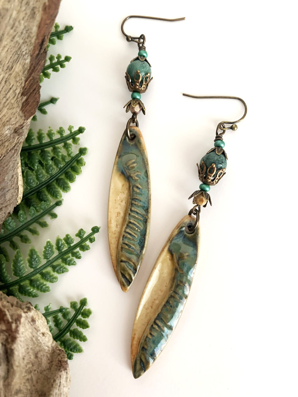Thumbnail: Pair of enameled leaf drop earrings