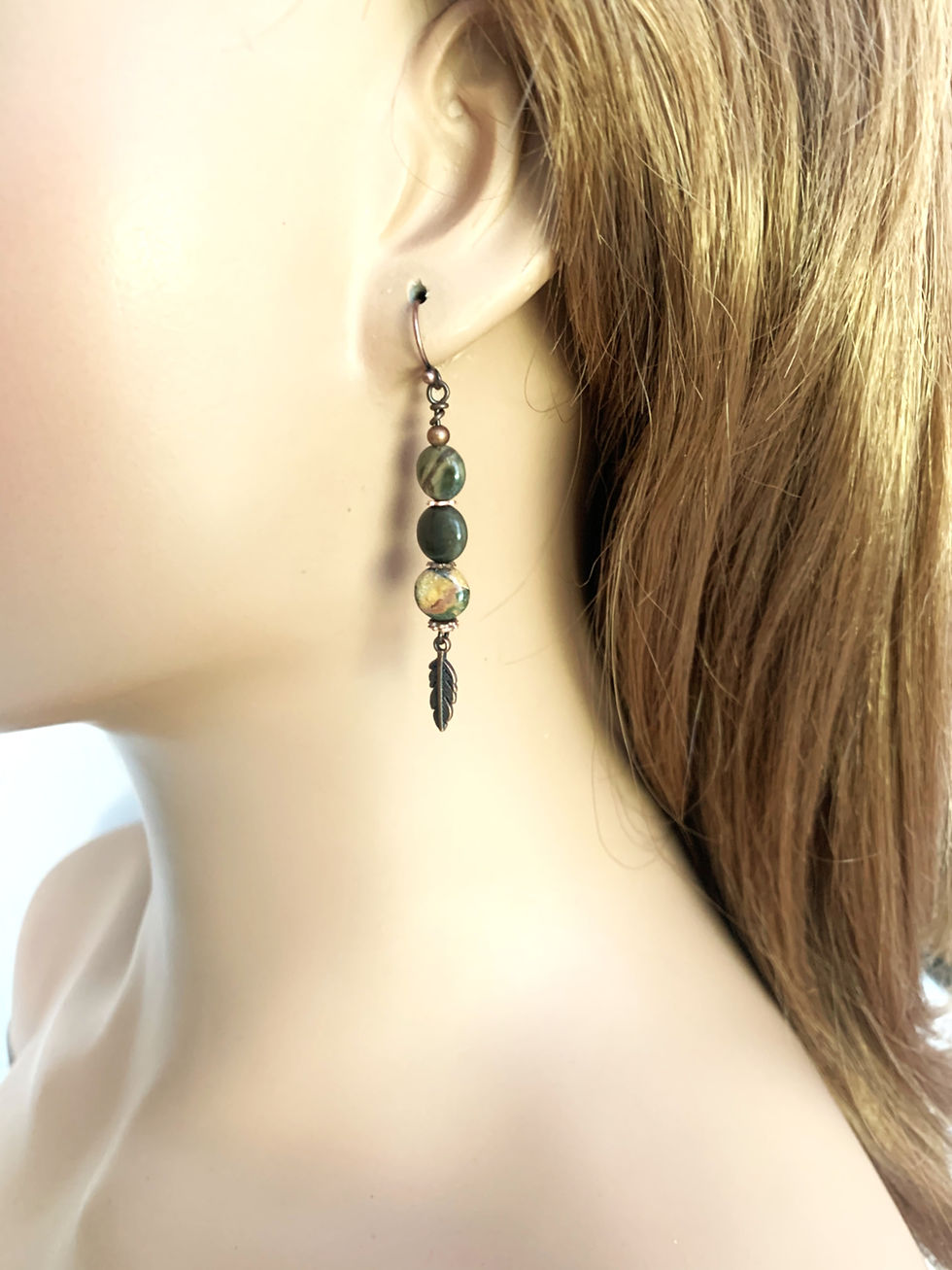 Thumbnail: Dangle earring with green beads & feather charm