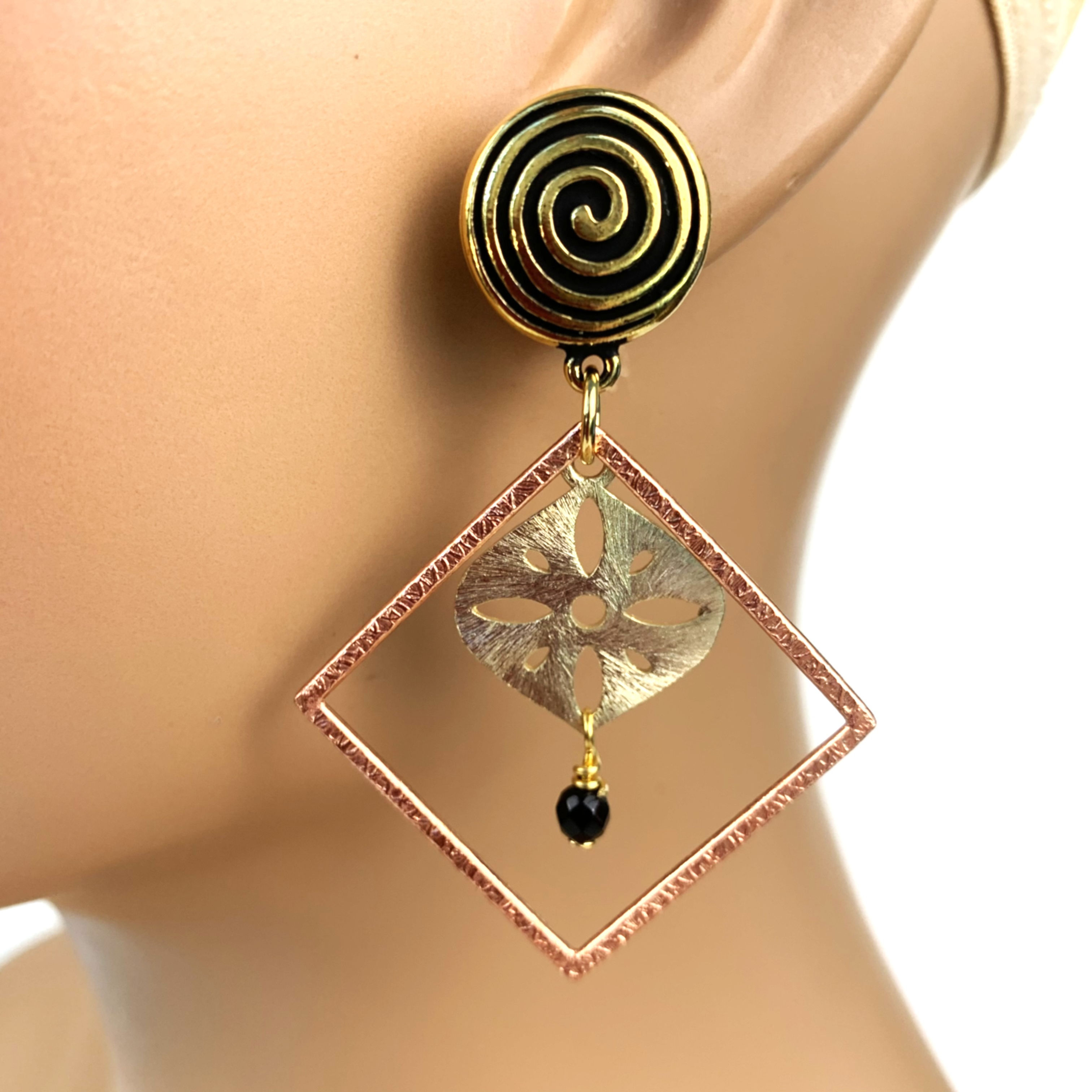 Long Gold and Copper Clip on Dangle Earrings - Comfortable Lightweight Jewelry