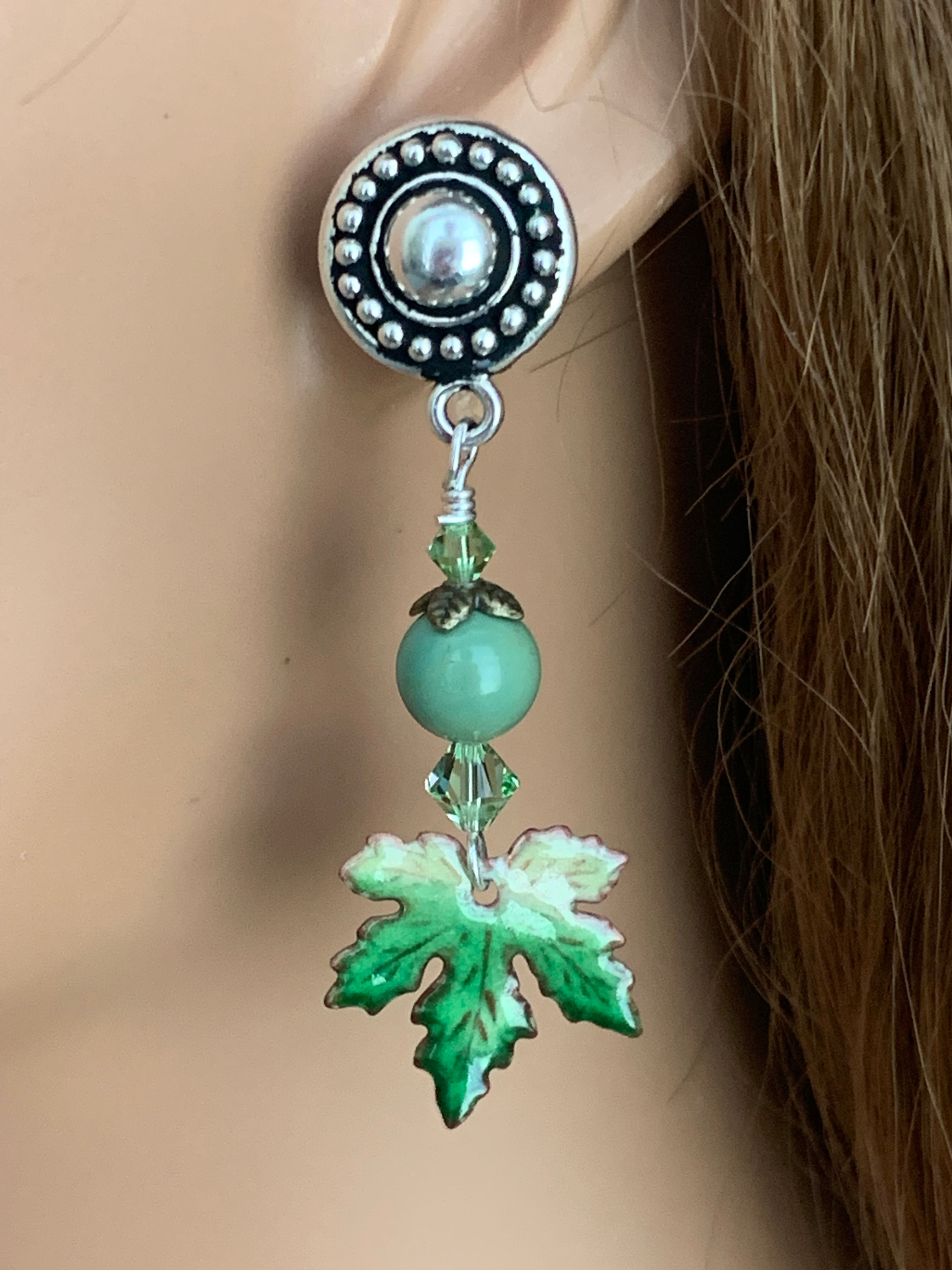 Green Leaf Copper Enamel Clip On Earrings: Artisan Crystal & Stone Jewelry