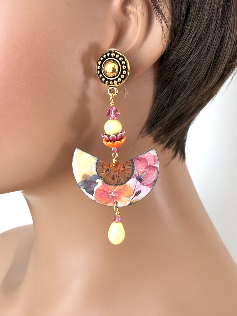 Handmade colorful floral clip-on earrings for women with copper enamel, glass beads and crystals by Blonde Peach Jewelry