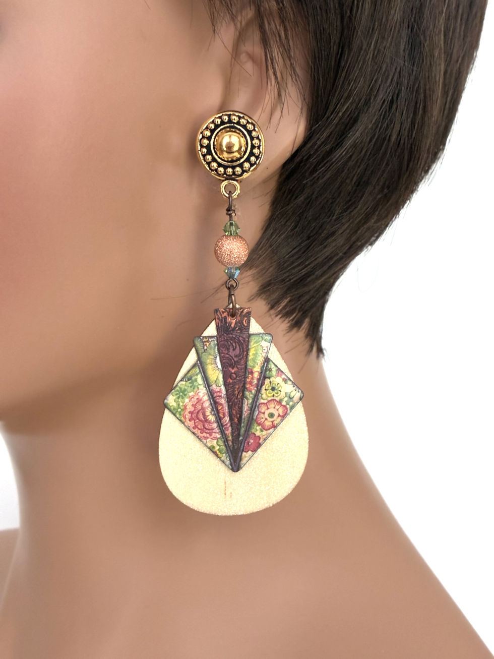 Lightweight floral clip-on earrings for women with comfortable cushioned clip backs, colorful boho floral accents and antique
