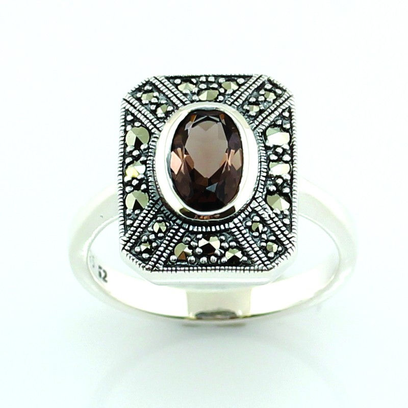 Bague En Argent 925 (Quartz Fumé - Marcassites)