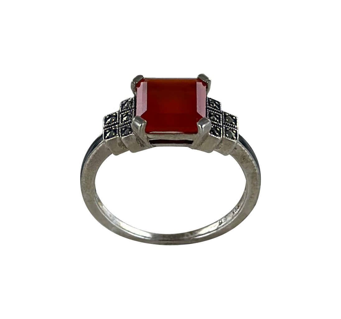 Bague Argent 925 (Cornaline - Email Noir - Marcassites)