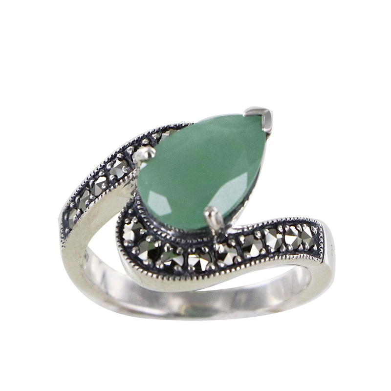 Bague en Argent 925 (Jade vert - Marcassites)