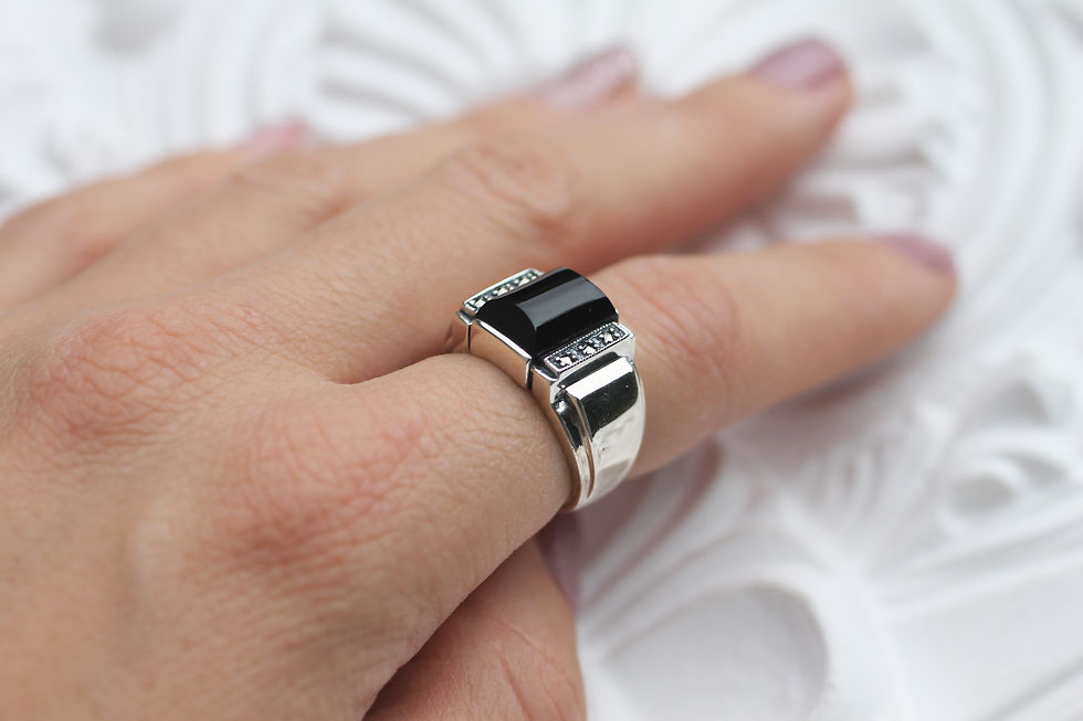 Miniature : Bague en Argent 925 (Onyx - Marcassites)