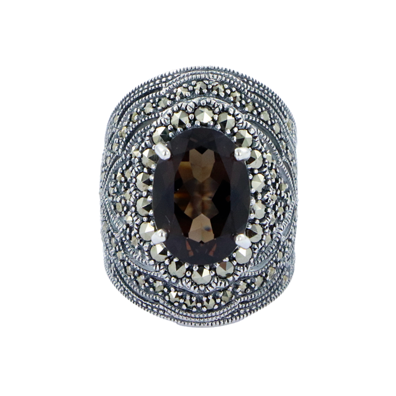 Miniature : Bague en Argent 925 (Quartz Fumé - Marcassites)